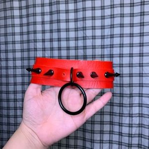 Red faux leather spike choker adjustable strap